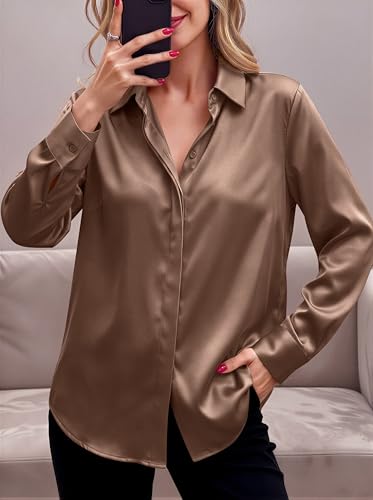 Chemisier décontracté en satin à manches longues boutonnées marron