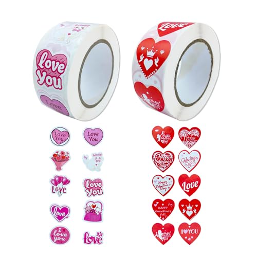 2 Rolls of Love Stickers, 1000 pcs Stickers with Pink and Red with Hearts for Scrapbook Journal Envelope Card Making Gift Wrapping Party Favors Valentine's Day (Love)