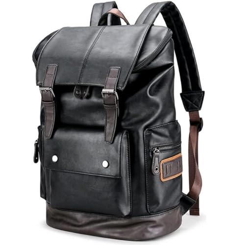 CHAO RAN Mochila de cuero vintage para laptop para hombre, mochila de cuero negro, Negro -, L, Mochila de viaje universitario