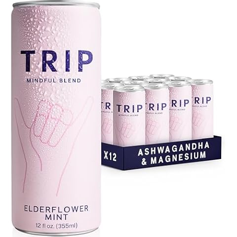 Trip Mindful Blend, Lightly Sparkling Adaptogen Seltzer, Mocktail w/ 120mg Magnesium Citrate with Ashwagandha, Lions Mane & L Theanine, No Added Sugar, Vegan, Elderflower Mint, 12 Oz, 12Pk Cover
