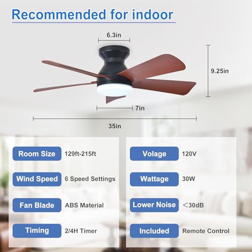 Image of Depuley 35-Inch Ceiling Fan with Light: Walnut 5 Blade Low Profile Small Fans for Kitchen Bedroom - Flush Mount Ceiling Fan for Indoor /Outdoor with Remote Control Reversible Timer - 2 Packs