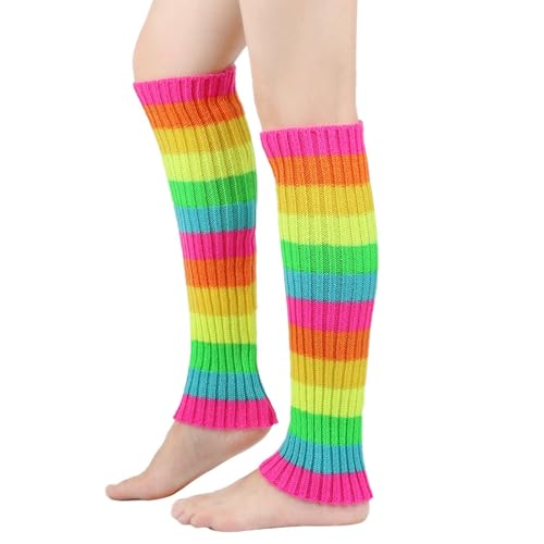 SLXLYH Calentadores de piernas para mujer, de punto acanalado, con rayas coloridas, por encima de la rodilla, sin pies, para cosplay, accesorios de disfraz, color, XL-5XL