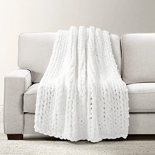 Lush Decor Hygge Ultra Soft Cozy Chenille Chunky Knit Throw Blanket, 50' x 40', White