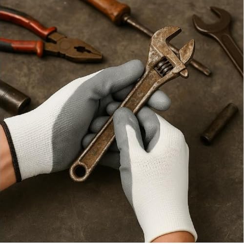 Image of Nylon Safety Work Gloves with Nitrile Coating - Industrial-Grade Protection for Cleaning, Warehouse, Mechanics, Construction - Durable, Flexible, Non-Slip Grip (White & Grey, 20 Pair)