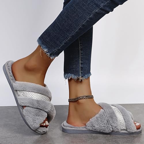 Open Toe Fuzzy Faux Fur Slippers for Women House Bedroom Cozy Furry Cross Bands Slide House Shoes Anti-Skid Sole Sandals(38/39 EU, Gray)4