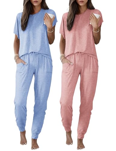 Image of Ekouaer 2 pack Womens Pajama Short Sleeve Jogger Pants Pjs Lounge Set | Pajama Sets with Pockets Comfy Sleepwear for Daily Wear, Sleep, Home, Sport, Workout