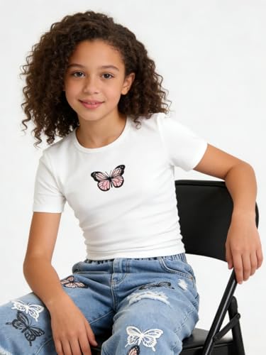 Image of Azmxynol Tween Girl Clothes Short Sleeve Top + Butterfly Design Jeans 2 Pieces Spring Summer Outfit Set, Size 6-16 Years