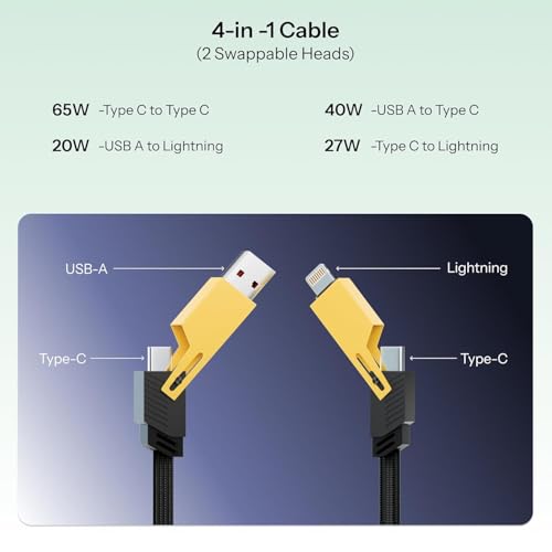 Image of 120W 4 in 1 Multi Function Braided Fast Charging Cable with Lightnig to USB-C, Type C-C, Ligthning to USB, Military Grade Durability, Compatible for iPhone, Samsung, Oneplus Series & More
