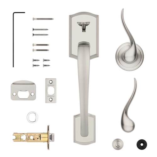 Image of Kwikset Prescott Front Door Handle No Lock, Entry Handleset Exterior with Interior Reversible Handed Lever, Non-Locking, Satin Nickel, Deadbolt Not Included, with Microban Protection