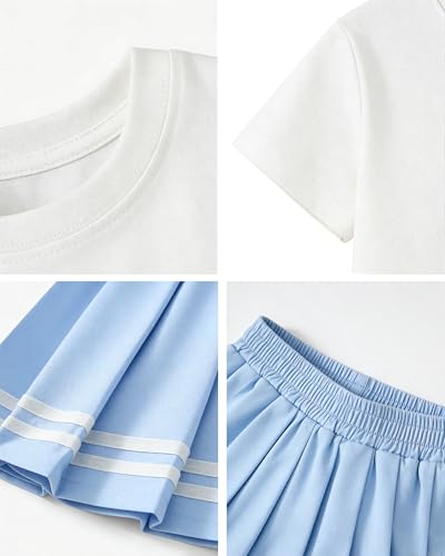 Image of Betusline Girls Skirt Set JK School Uniform 2-Piece Outfit - Short Sleeve & Webbing Solid Skirt,Bow Blue,4-5T = Tag 120