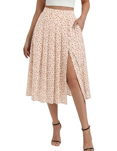 Belle Poque Women's Floral Midi Skirts with Slit High Waist