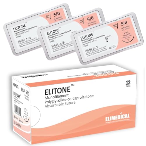 ELITONE Suture with Reverse Cutting Needle, 12 Pack. Sutures for Surgical Wound Training Students, Practice and Educational Use. Polycaprolactone Absorbable Material 5/0 PGCL, 18â€, P3, Violet 463PGCL