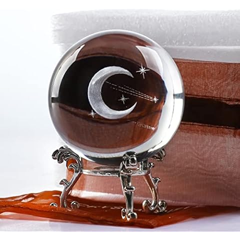 ZEERSHEE 60mm 3D Moon Planet Laser Engraved Crystal Ball Glass Sphere Paperweight Home Art Decor Crafts with Matel Stand Cover
