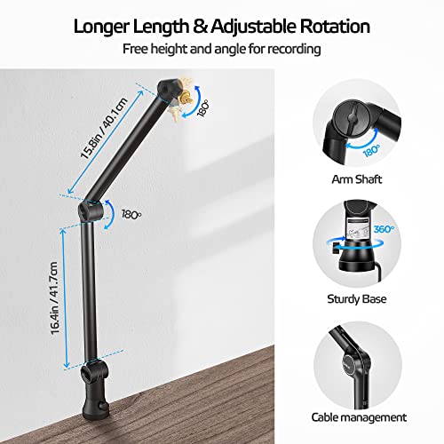 Mic Arm Desk Mount(Longer)For Shure Sm7B/Mv7/Blue Yeti/Snowball/At2020 Mic＆Others,Bietrun Universal Pro-Heavy Duty Metal Mic Boom Arm Stand With 3/8" To 5/8" Adapter,Hidden Cable Trough,Headset Hook #TOP1