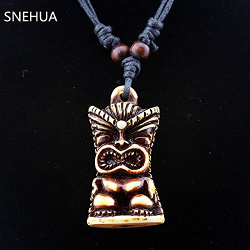 Davitu Cool Men Women's Imitation Yak Bone Carved Tiki Pendant Necklace Tiki Man Amulet Gift MN613