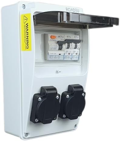 RoadEu - UK Power Distribution Box - 2x 13Amp Socket with 40Amp RCD and 13Amp 'C' MCBs, Waterproof IP54- Monophase Wall Power Distributor - Designed for UK Market and Includes 13Amp MCB