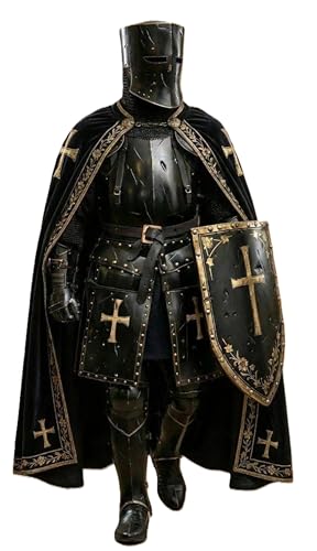 Medieval Black Templar Knight Full Armor Suit | Handcrafted Steel Plate for LARP Cosplay & Collectors Royal Crusader Knight Full Armor Set | Wearable 18-Gauge Steel Body Armour with Cape & Shield