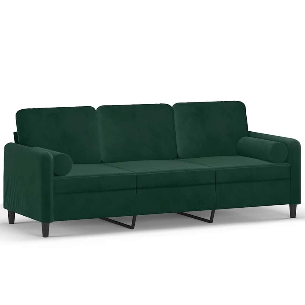 Divano 3 Posti Verde Scuro 180 cm Tessuto Velluto Struttura in Metallo con 2 Cuscini Decorativi Salotto Resistente