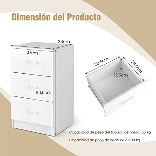 Miniatura 3 de Costway 1 2 Mesitas De Noche Con 3 Cajones, Mesillas De Noche De Madera, Archivador Con Cajones, Salon Dormitorio Oficina, 37 X 34 X 66,5 Cm Blanco, 1 Pieza