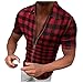 Mens Primavera Ed Estate Moda Casual Levigatura Plaid Cerniera Risvolto Manica Corta Camicia Giacca Uomo Grande Abbigliamento Alto, Rosso, M