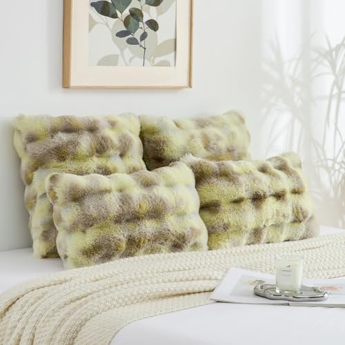 FUTEI Green White Decorative Throw Pillow Covers 26x26 Inch Set of 2,Soft Fuzzy Faux Rabbit Fur Euro Pillow Shams with Raised Texture,Neutral Boho Home Decor for Couch Bed Living Room