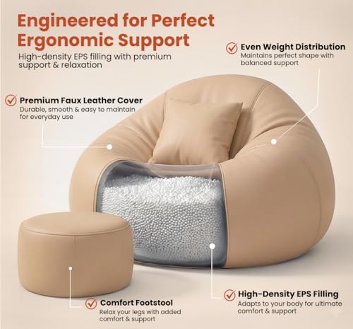 Image of Sattva Classic 4XL Bean Bag Chair with Beans Filled | Faux Leather Sofa Style Beanbags with Footstool & Cushion | Pre-Filled Bin Bags for Adults & Kids | Beam Bag Seating for Home & Office - Cream