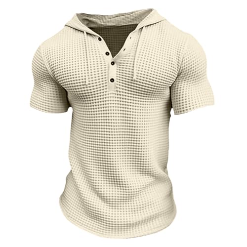 Men's Waffle Knit Hoodies Short Sleeve Drawstring Sweatshirts Solid Color Quarter Button Shirts Muscle Fit T Shirts3