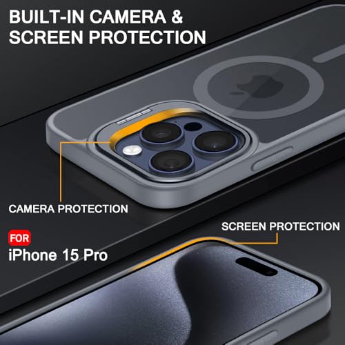 Image of TheGiftKart Hybrid Matte Frosted Back Cover Case for iPhone 15 PRO Compatible with MagSafe | Built-in Stand | Shockproof Hard Case Cover for iPhone 15 PRO (PC & TPU, Translucent Grey)