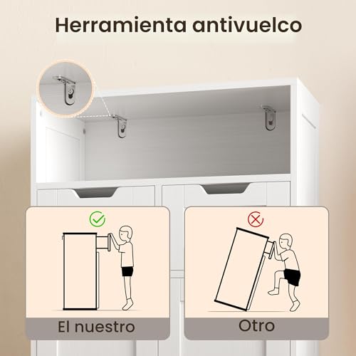 Miniatura 7 de Bealife Mueble De Baño, Armario De Piso, Armario De Almacenamiento Con 2 Puertas, 2 Cajones, Estante Ajustable, Para Baño, Pasillo, 60 X 30 X 108 Cm Blanco