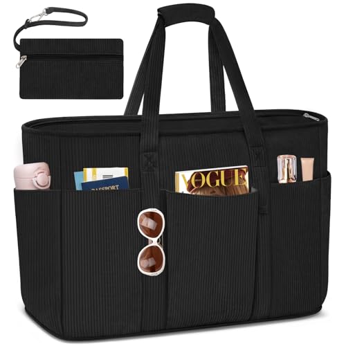 TEUEN XXL Grand Sac de Plage Femme 45L Tote Bag Extra Large Famille Cabas Plage en Velours Côtelé Sac a Main avec Compartiment pour la Plage, les Voyages et un Usage Quotidien