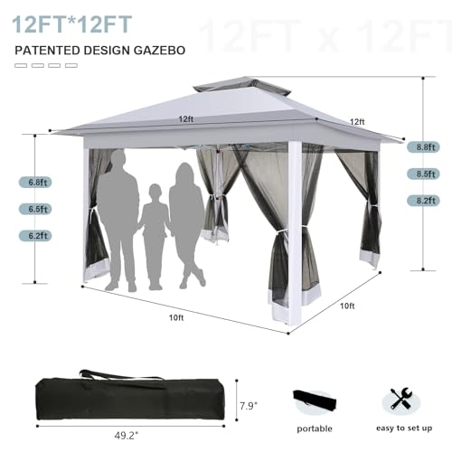 Image of COBIZI 12x12 Pop up Gazebo On Clearance with Mosquito Netting,Waterproof Roof & Sandbags,Outdoor Canopy Tent with 4 Ropes,8 Stakes,Carrying Bag,Patio Portable Gazebo for Garden,Backyard,Lawn,Darkgrey