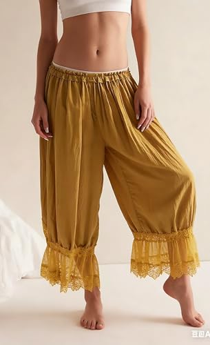 Image of NUFIWI Women Ruffle Long Bloomer Y2k Lace Trim Pettipants Pantaloons Mid Rise Cropped Pajama Pants Under Dress Slips
