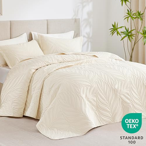 EXQ Home Quilt Set Twin Size Beige 2 Piece,Lightweight Soft Coverlet Modern Style Leaf Pattern Bedspread Set(1 Quilt,1 Pillow Sham)