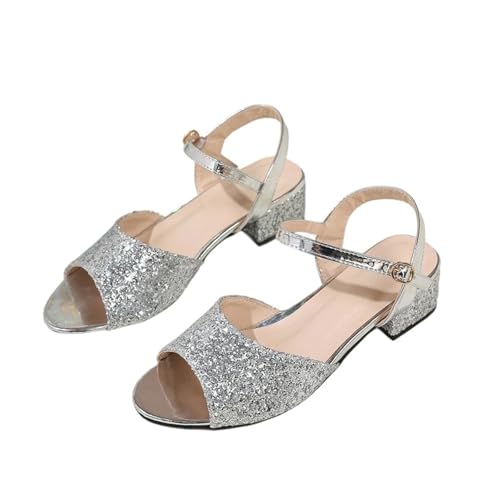 Women's Sequins Chunky Block Heel Sandals Summer Peep Toe Shoes with Buckle for Wedding Prom