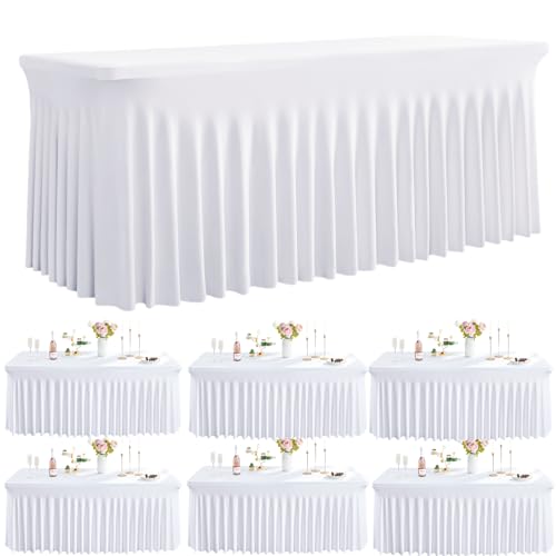 Image of Outpain 6Pack White Spandex Table Clothes for 6 Foot Rectangle Tables-6FT Wrinkle Free Fitted Tablecloths with Skirt for Parties, Wedding, Birthday, Banquet, Festival