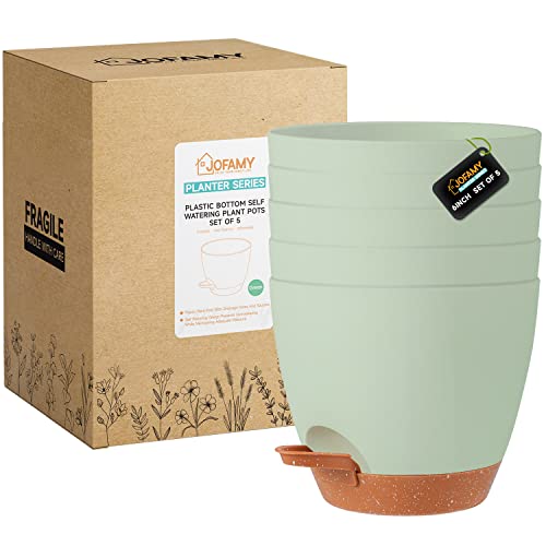 Jofamy 6 Inch Planter Pots, 5-Pack Self Watering Planters For Indoor Outdoor Plants, Plastic Plant Pots Set With Drainage Hole, Decorative Mint Green Flower Pots For All House, Garden Plants #TOP5