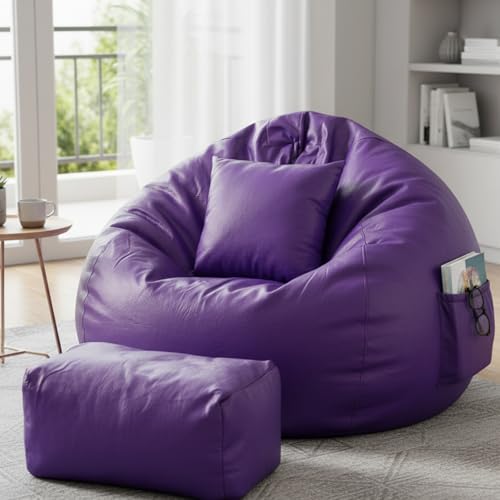 Image of Luxury 5XL Jumbo Bean Bag with Footrest & Cushion | Premium Leatherette | High-Density Beans Filled | Heavy Duty Double Stitch | 6 Months Warranty Color- (Navy Blue) (Purple)