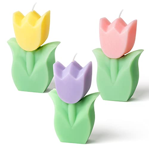 COcnny 3pcs Tulip Candle Decor, Tulip Shaped Scented Candles Decorations, Flower Aesthetic Paraffin Soy Wax Aromatherapy Candle Gift for Home Bedroom Birthday Wedding Spring Easter Party