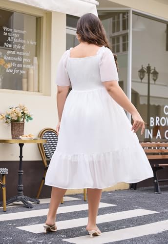 Image of Keluummi Plus Size Wedding Guest Maxi Dresses for Curvy Women, Summer Casual Boho Floral Smocked Empire Waist A Line Sundress(16 Plus, 07 - White)
