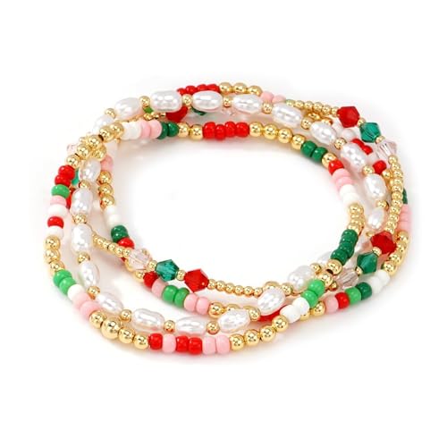 SHINUS BOHO Christmas Holiday Pearl Gold Plated Beaded Stack Bracelets for Women Stackable Red Green Small Beads Ball Stretch Bracelet Winter Custom Prom Party Jewelry Accessories Gift
