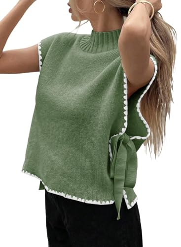 SHEWIN Sleeveless Turtleneck Sweater Casual Summer Fashion Clothing Short Sleeve Sweater Tops for Women Grass Green Small