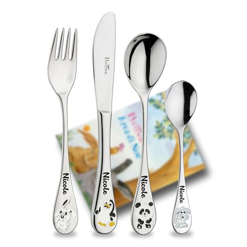Kinder-Besteckset Arche Noe mit Namensgravur aus Edelstahl 4-teilig Kinderbesteck mit Gravur Geschenk zur Taufe, Taufgeschenke für Mädchen und Jungen - Personalisierte Set