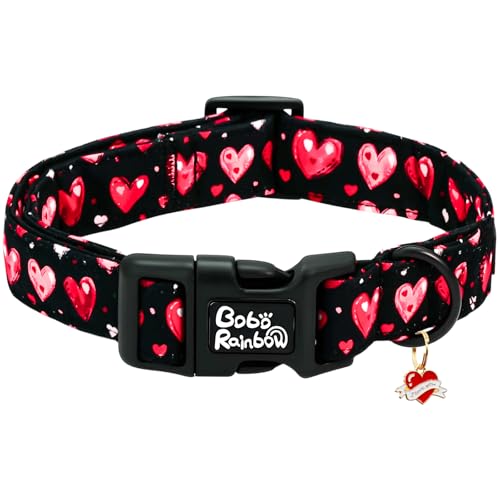 Image of Valentine's Black Base Red Heart Dog Collar for X-Small Dogs | Valentine Pet Outfit,Wedding,Anniversary,Daily Walks,Adjustable,Cotton,Quick Release Plastic Buckle,Pendant,Female /Male Dog