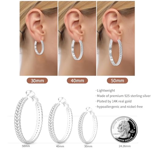 PABBEU Sterling Silver Hoop Earrings, 925 Sterling Silver Hoops Earrings for Women, Lightweight Silvers Hoops Earrings, Hypoallergenic Large Silvers Hoop Earrings for Women Gift 30/40/50MM3