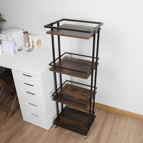 Dearolling落地式个别付け物の収纳機の台所の居間の簡易展示ロッカー機移動木芸収纳できるカートジャスター付きプリンターワゴンの高さ35センチ納ラックサイドテーブルオフィス/キッチン/ホーム (4段,ブラウン)