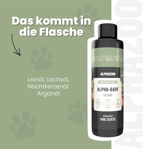 alphazoo Alpha-Barf Futteröl für Hunde 100 ml - naturreines Ergänzungsfuttermittel mit hochwertigen Ölen und Omega-3/6/9-Fettsäuren. Unterstützt Haut, Fell & allgemeines Wohlbefinden.