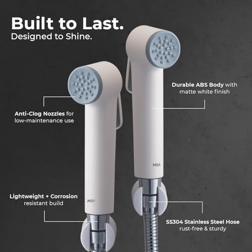 Image of Mila Health Faucet Snowdrift | ABS White Handheld Bidet Spray| with 1.2m SS304 Hose Pipe | Modern Jet Spray for Toilet Hygiene | Anti-Slip Grip, Leak-Free, Easy Install | Bathroom Fitting