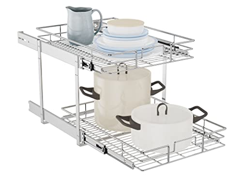 LOVMOR Individual Pull Out Cabinet Organizer, 2 Tier Slide Out Cabinet Drawers, Pots and Pans Organizer and Storage Pantry Shelf for Kitchen (15½" W x 21½" D)