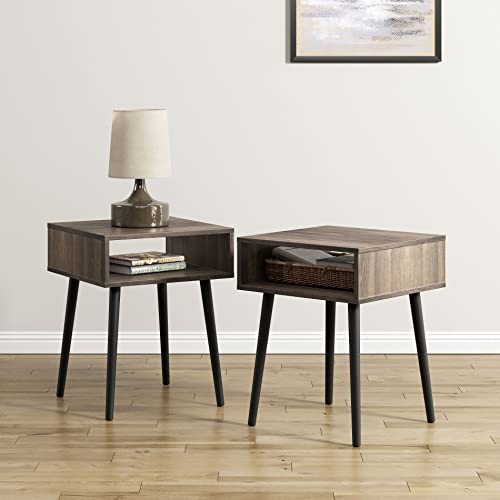 Wampat Mid-Century Modern Nightstands Wooden End Side Table With Open Storage, 2 Bedside Tables For Samll Spaces, Living Room, Bedroom, Black And Espresso #TOP17
