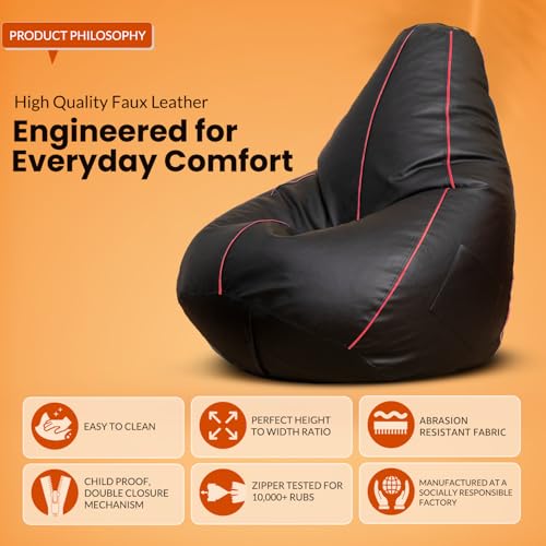 Image of Sattva Classic 2XL Bean Bag Chair with Beans Filled | Faux Leather Sofa Style Bin Bags with Filled Beans | Comfort Beam Bag Sofa for Adults & Teens, Living Room & Office - Black with Pink Piping